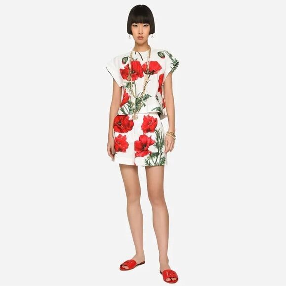 New Dolce& Gabbana Cap-Sleeve Poppy-Print Top Size IT 36 XS - Picture 13 of 13